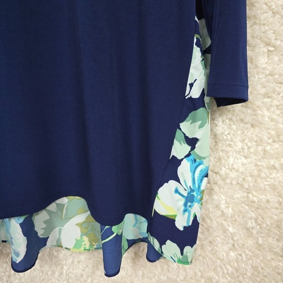 Susan Graver Top Women Large Tunic Blue Liquid Knit 3/4 Sleeve Flowers Career‎ - Picture 2 of 11